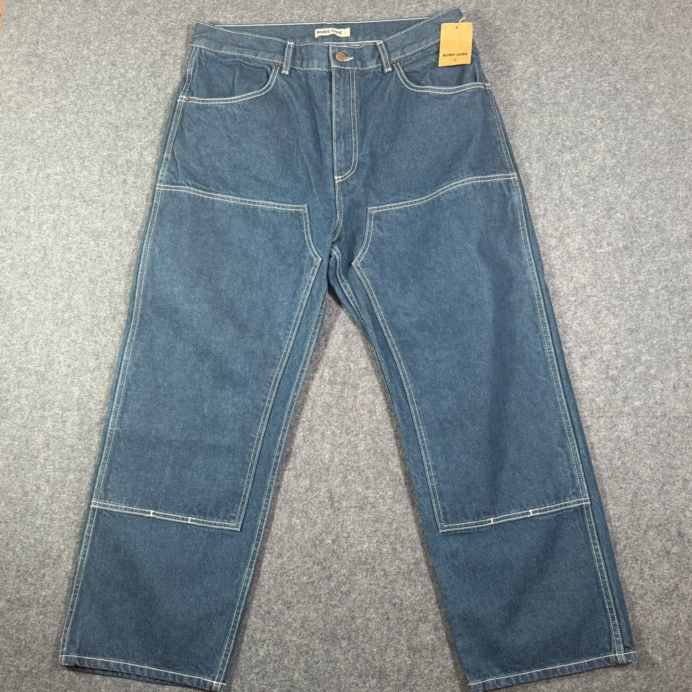 Rudy Jude Blue Organic Cotton Double Knee Utility Wide Leg Jeans Sz 6 34 NWT Lux
